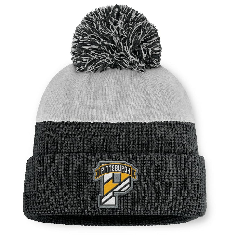 Pittsburgh Penguins Fanatics Authentic Pro Home Ice Cuffed Knit Hat with Pom - Black/Gray Hats