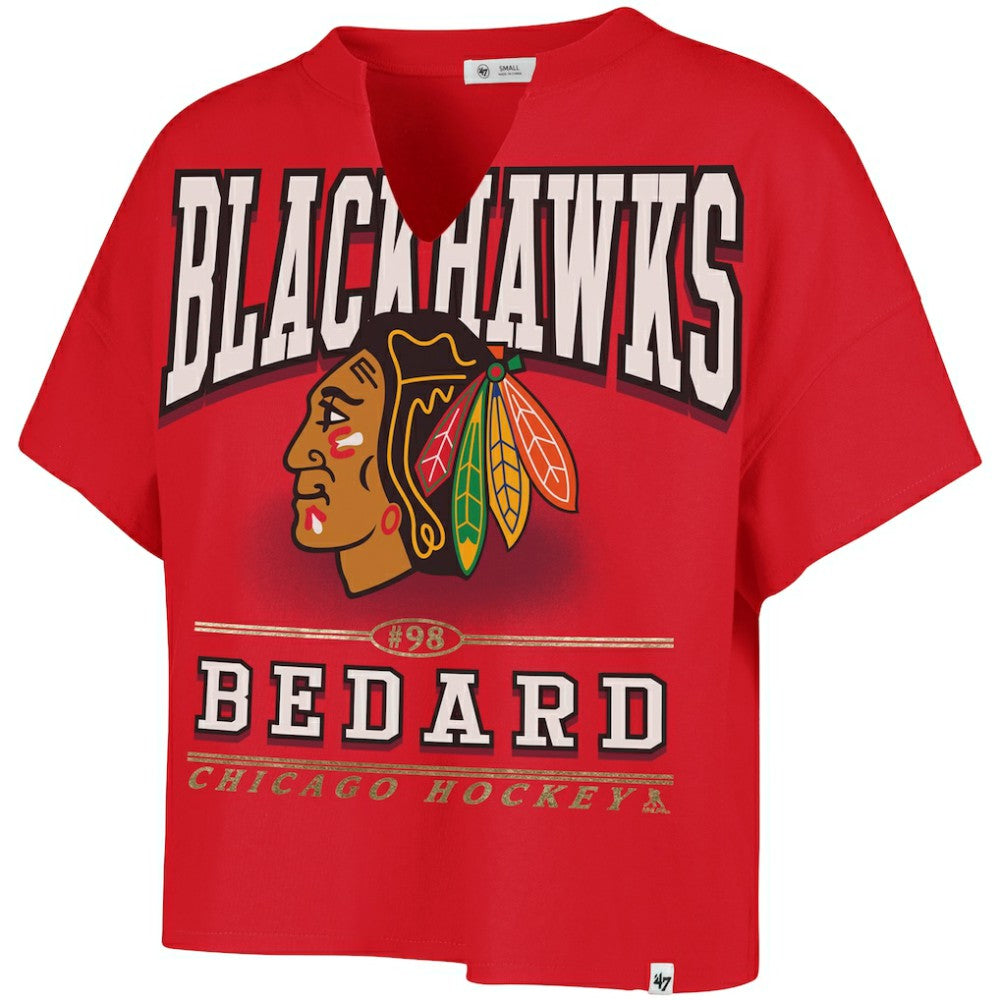 Connor Bedard Chicago Blackhawks '47 Women's Elation Name & Number Oversized Notch Neck T-Shirt - Red T-shirts