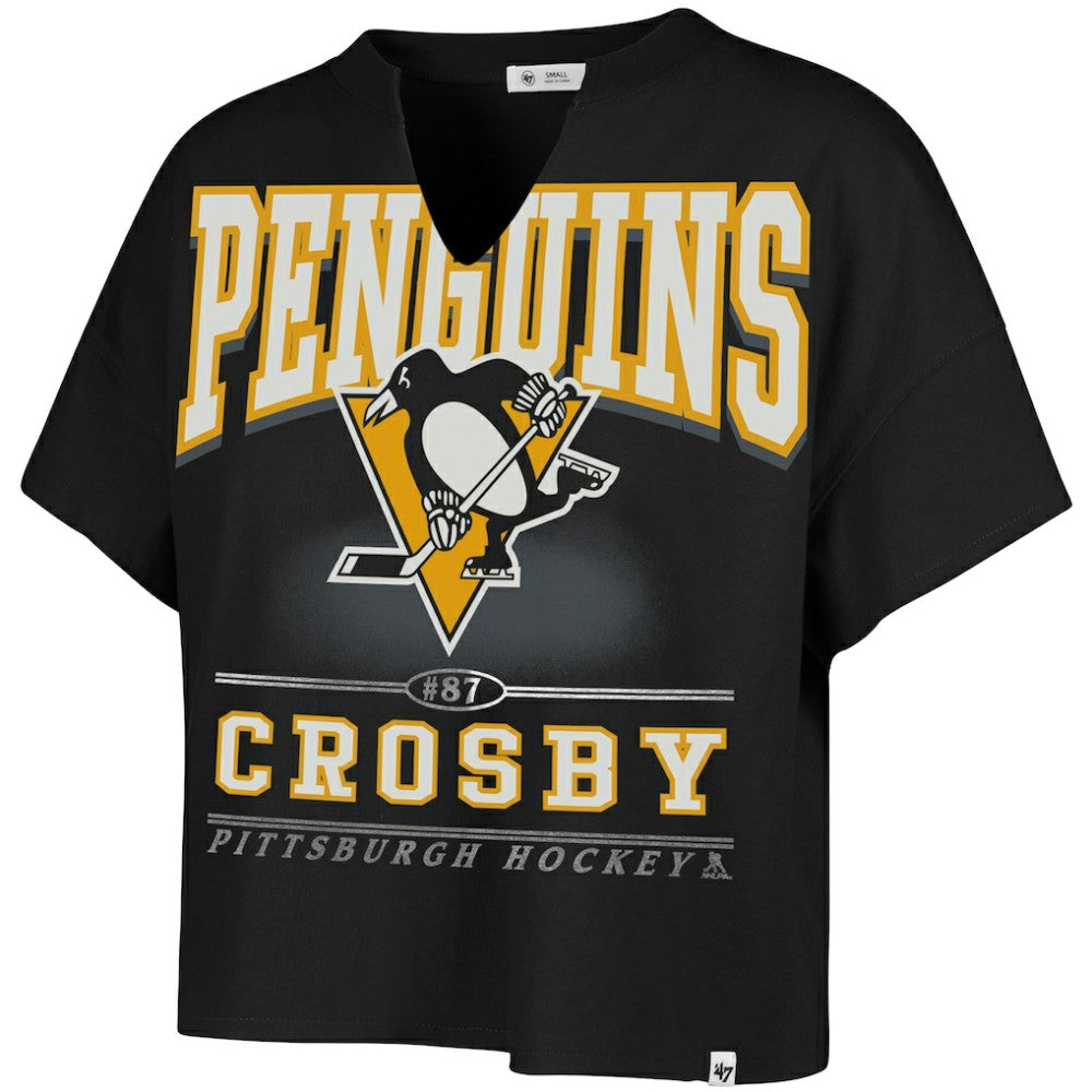 Sidney Crosby Pittsburgh Penguins '47 Women's Elation Name & Number Oversized Notch Neck T-Shirt - Black T-shirts