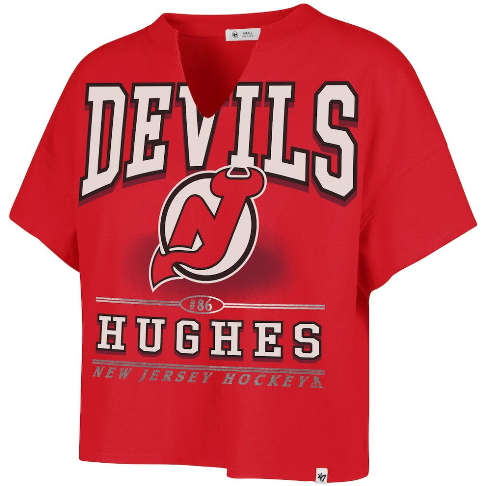 Jack Hughes New Jersey Devils '47 Women's Elation Name & Number Oversized Notch Neck T-Shirt - Red T-shirts