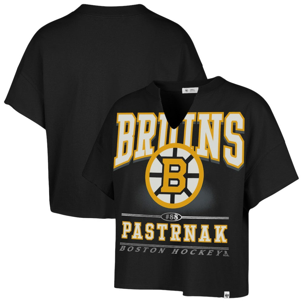 David Pastrnak Boston Bruins '47 Women's Elation Name & Number Oversized Notch Neck T-Shirt - Black T-shirts