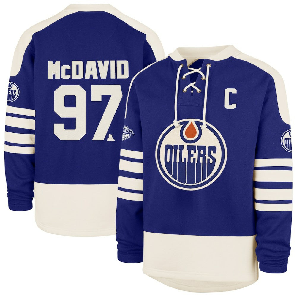 Connor McDavid Edmonton Oilers '47 Player Name & Number Sweep Check Eternal Lacer Sweatshirt - Royal Sweatshirts