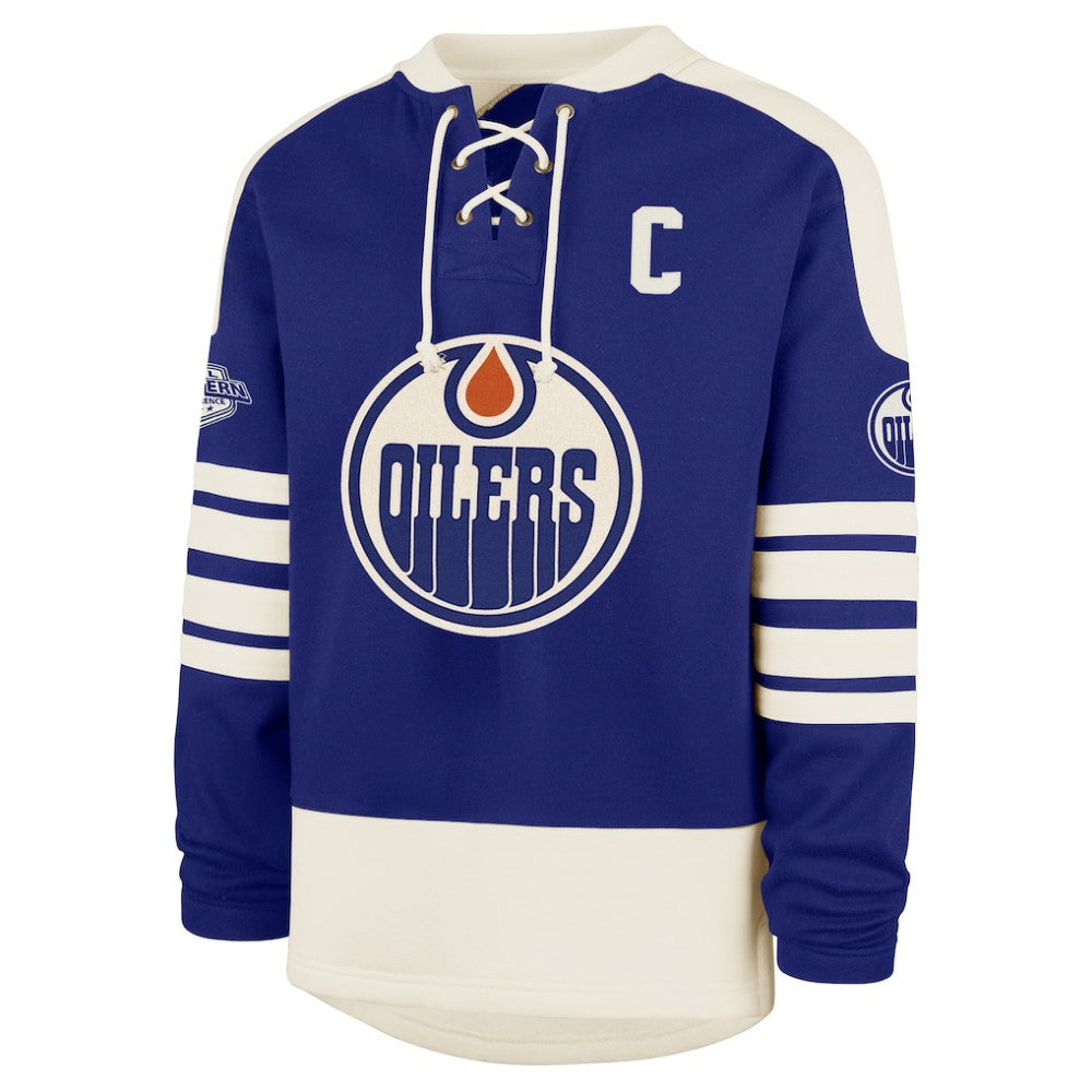 Connor McDavid Edmonton Oilers '47 Player Name & Number Sweep Check Eternal Lacer Sweatshirt - Royal Sweatshirts