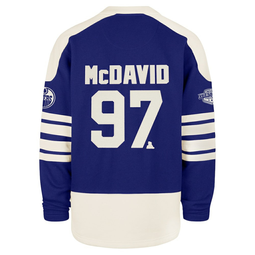 Connor McDavid Edmonton Oilers '47 Player Name & Number Sweep Check Eternal Lacer Sweatshirt - Royal Sweatshirts