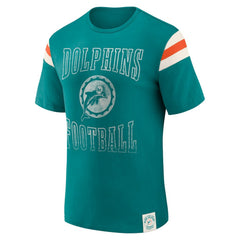 Miami Dolphins Darius Rucker Collection Distressed Throwback Shoulder Stripe T-Shirt - Aqua discount
