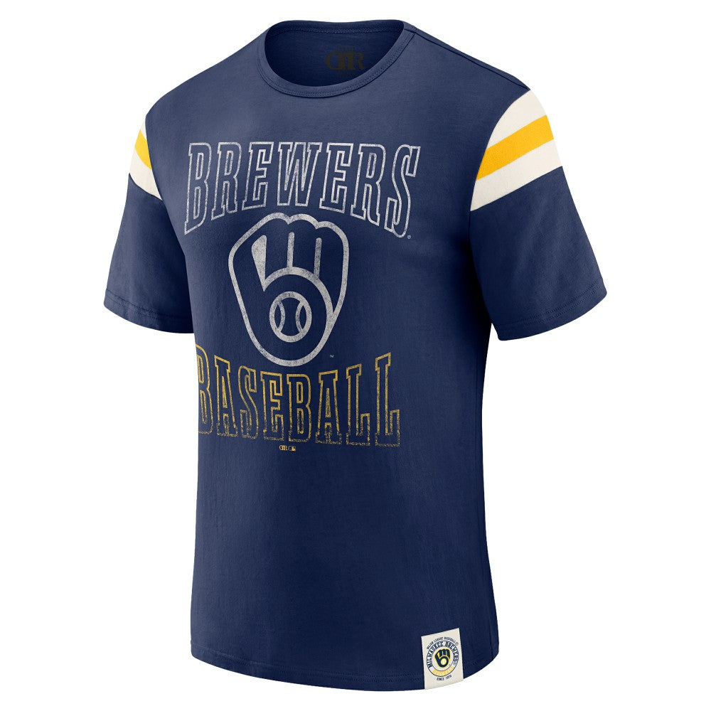 Milwaukee Brewers Darius Rucker Collection Distressed Sleeve Stripe T-Shirt Navy