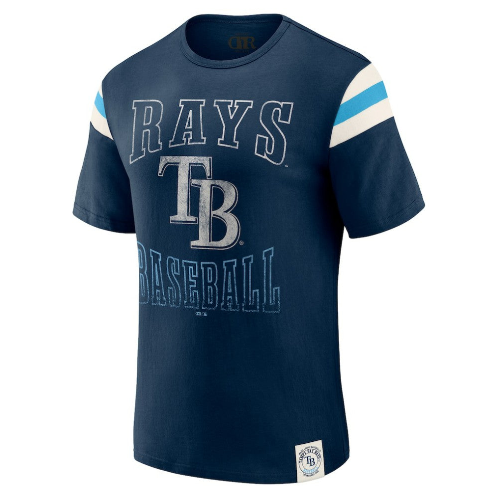 Tampa Bay Rays Darius Rucker Collection Distressed Sleeve Stripe T-Shirt Navy