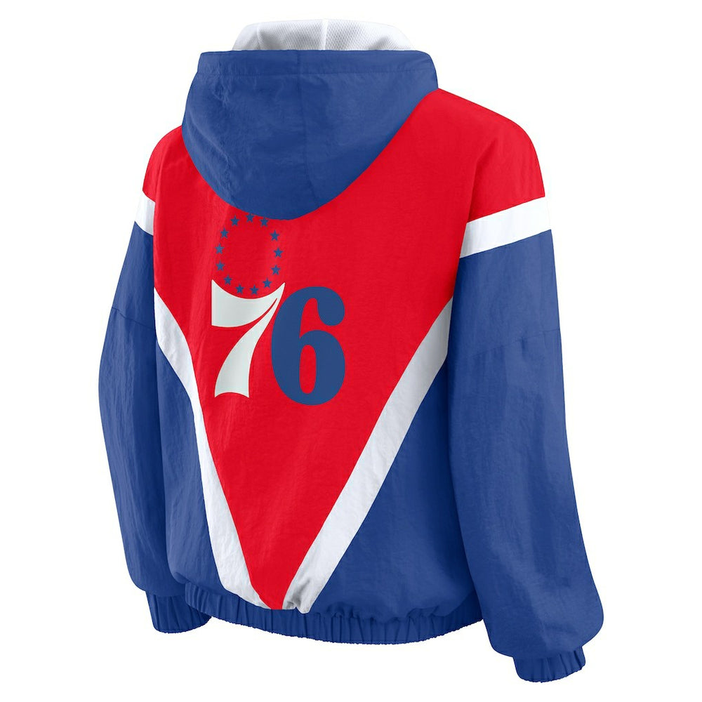 Philadelphia 76ers WEAR by Erin Andrews Women's Colorblock Full-Zip Hoodie Windbreaker Jacket - Red/Royal shop