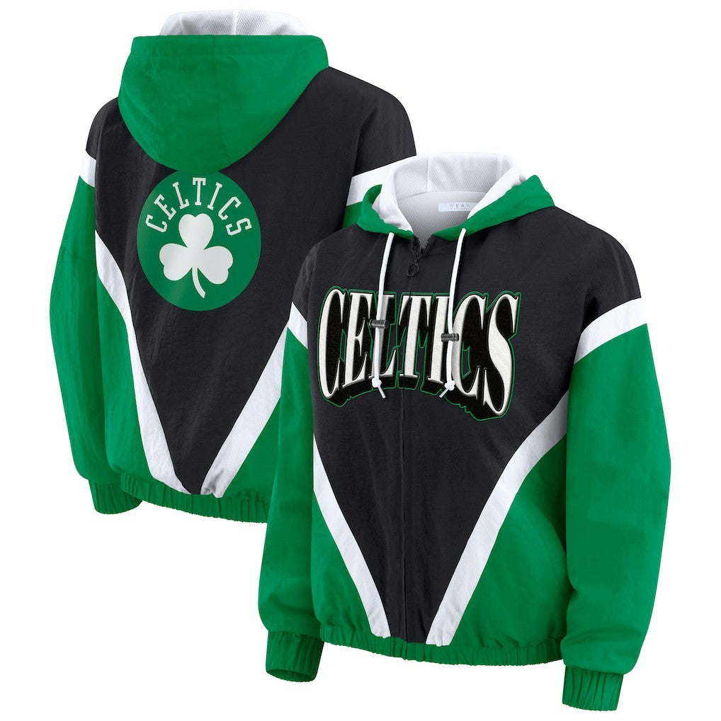 Boston Celtics WEAR by Erin Andrews Women's Colorblock Full-Zip Hoodie Windbreaker Jacket - Black/Kelly Green on sale