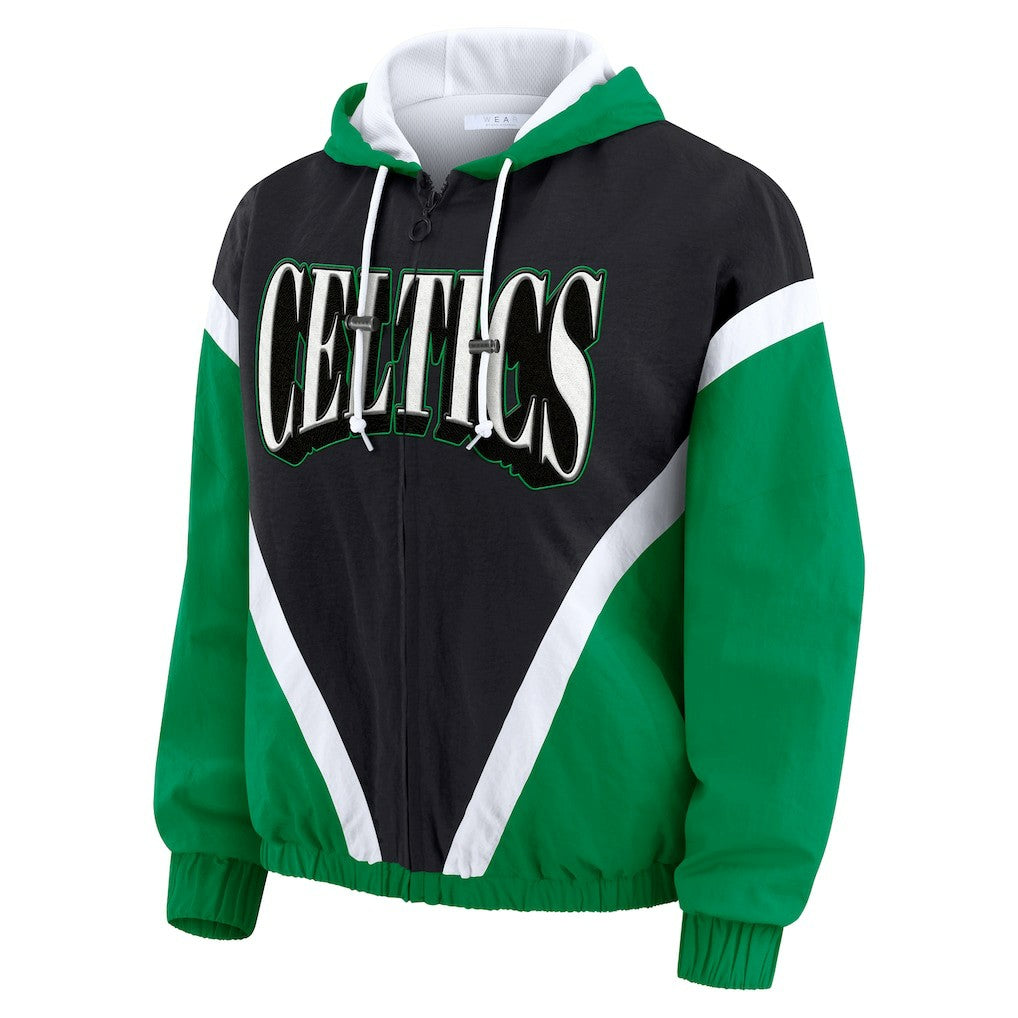 Boston Celtics WEAR by Erin Andrews Women's Colorblock Full-Zip Hoodie Windbreaker Jacket - Black/Kelly Green on sale