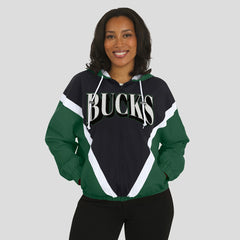 Milwaukee Bucks WEAR by Erin Andrews Women's Colorblock Full-Zip Hoodie Windbreaker Jacket - Black/Hunter Green sale