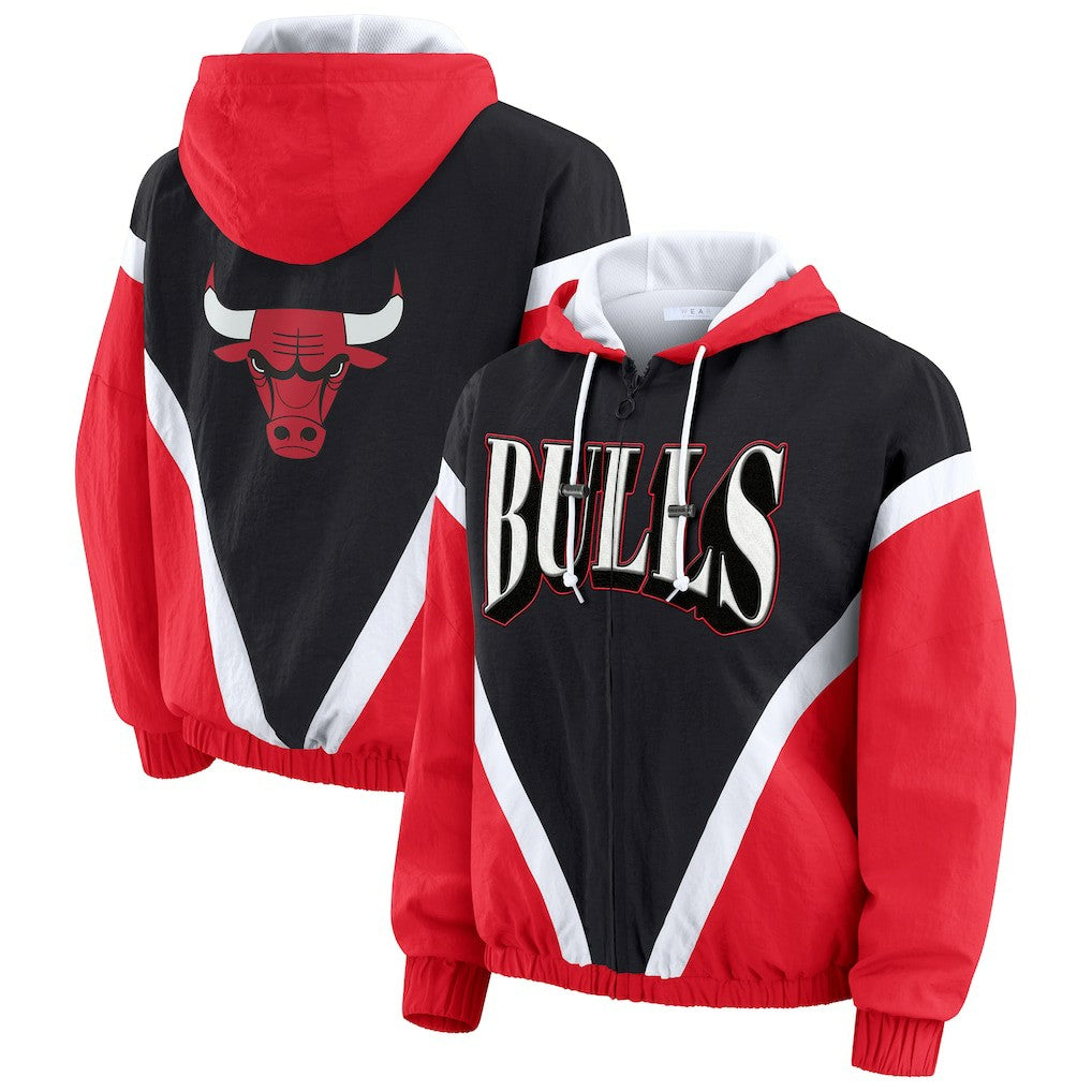 Chicago Bulls WEAR by Erin Andrews Women's Colorblock Full-Zip Hoodie Windbreaker Jacket - Black/Red on sale