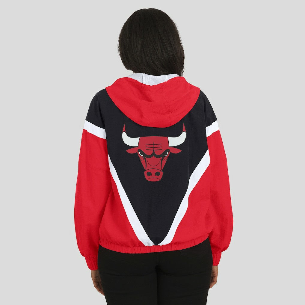 Chicago Bulls WEAR by Erin Andrews Women's Colorblock Full-Zip Hoodie Windbreaker Jacket - Black/Red on sale