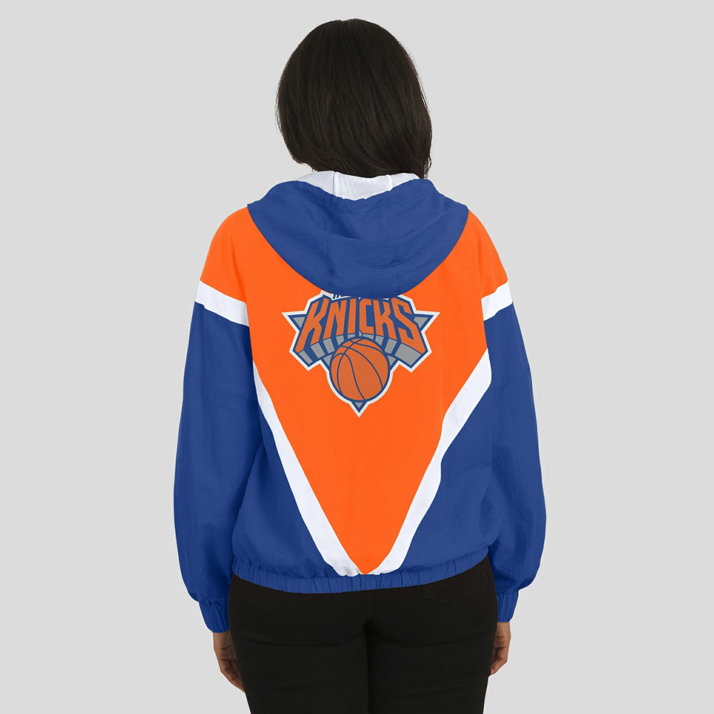 New York Knicks WEAR by Erin Andrews Women's Colorblock Full-Zip Hoodie Windbreaker Jacket - Orange/Royal outlet