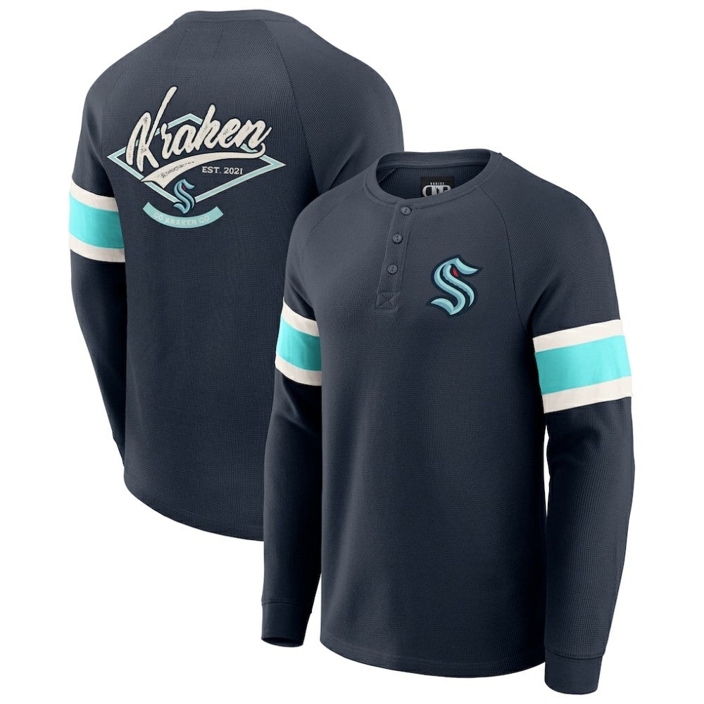Seattle Kraken Darius Rucker Collection by Fanatics Waffle-Knit Raglan Long Sleeve Henley T-Shirt - Deep Sea Blue T-shirts