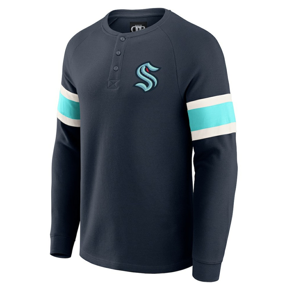 Seattle Kraken Darius Rucker Collection by Fanatics Waffle-Knit Raglan Long Sleeve Henley T-Shirt - Deep Sea Blue T-shirts