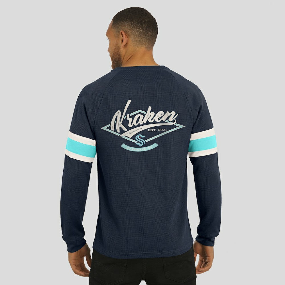 Seattle Kraken Darius Rucker Collection by Fanatics Waffle-Knit Raglan Long Sleeve Henley T-Shirt - Deep Sea Blue T-shirts