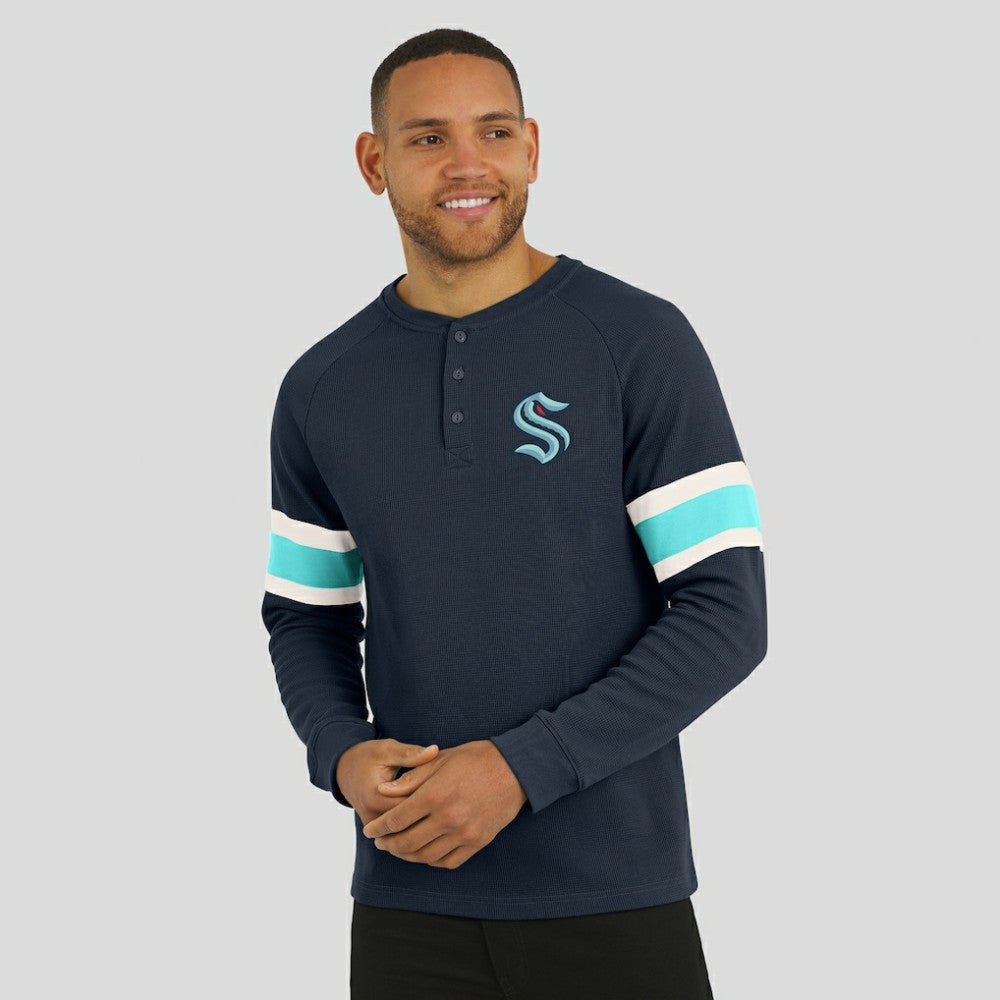 Seattle Kraken Darius Rucker Collection by Fanatics Waffle-Knit Raglan Long Sleeve Henley T-Shirt - Deep Sea Blue T-shirts