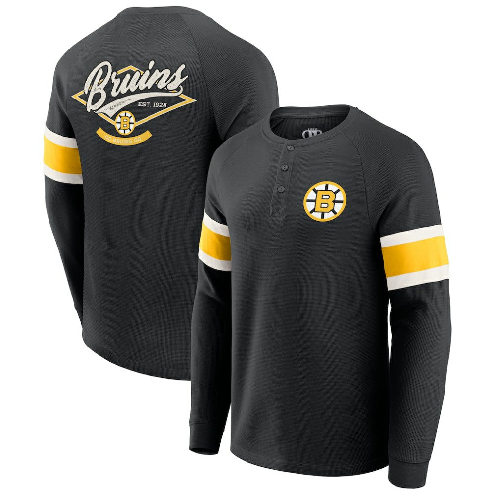 Boston Bruins Darius Rucker Collection by Fanatics Waffle-Knit Raglan Long Sleeve Henley T-Shirt - Black T-shirts