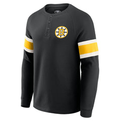 Boston Bruins Darius Rucker Collection by Fanatics Waffle-Knit Raglan Long Sleeve Henley T-Shirt - Black T-shirts