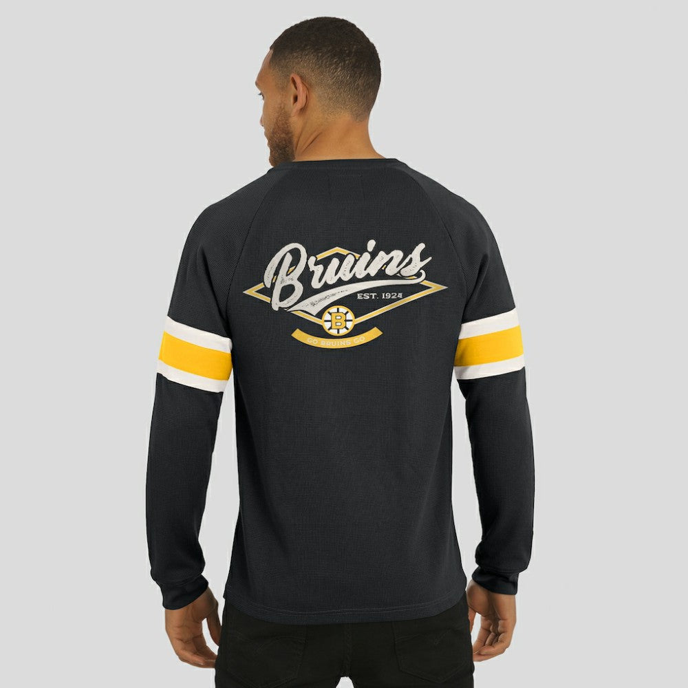 Boston Bruins Darius Rucker Collection by Fanatics Waffle-Knit Raglan Long Sleeve Henley T-Shirt - Black T-shirts