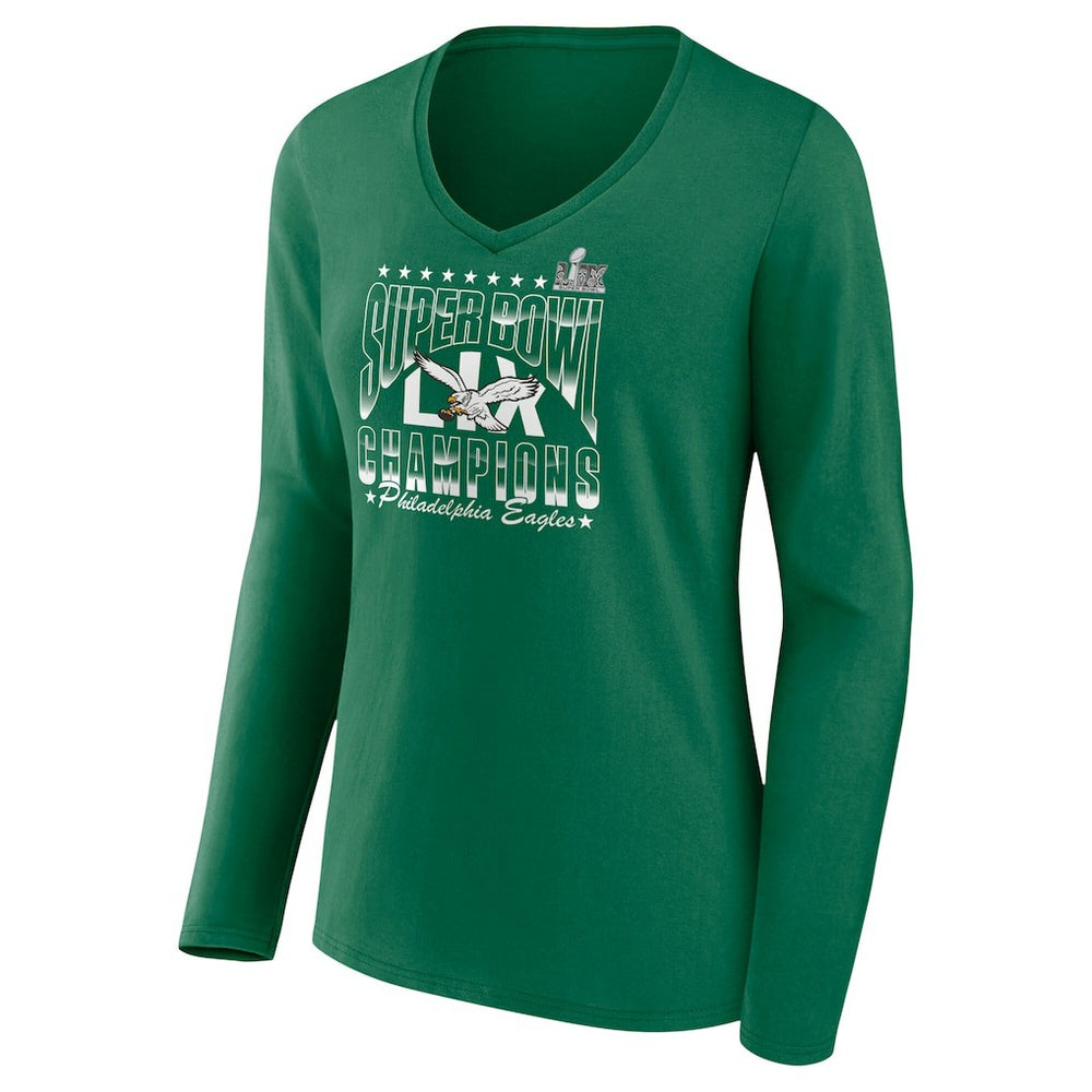 Philadelphia Eagles Women's Super Bowl LIX Champions Retro Logo Long Sleeve V-Neck T-Shirt - Kelly Green discount