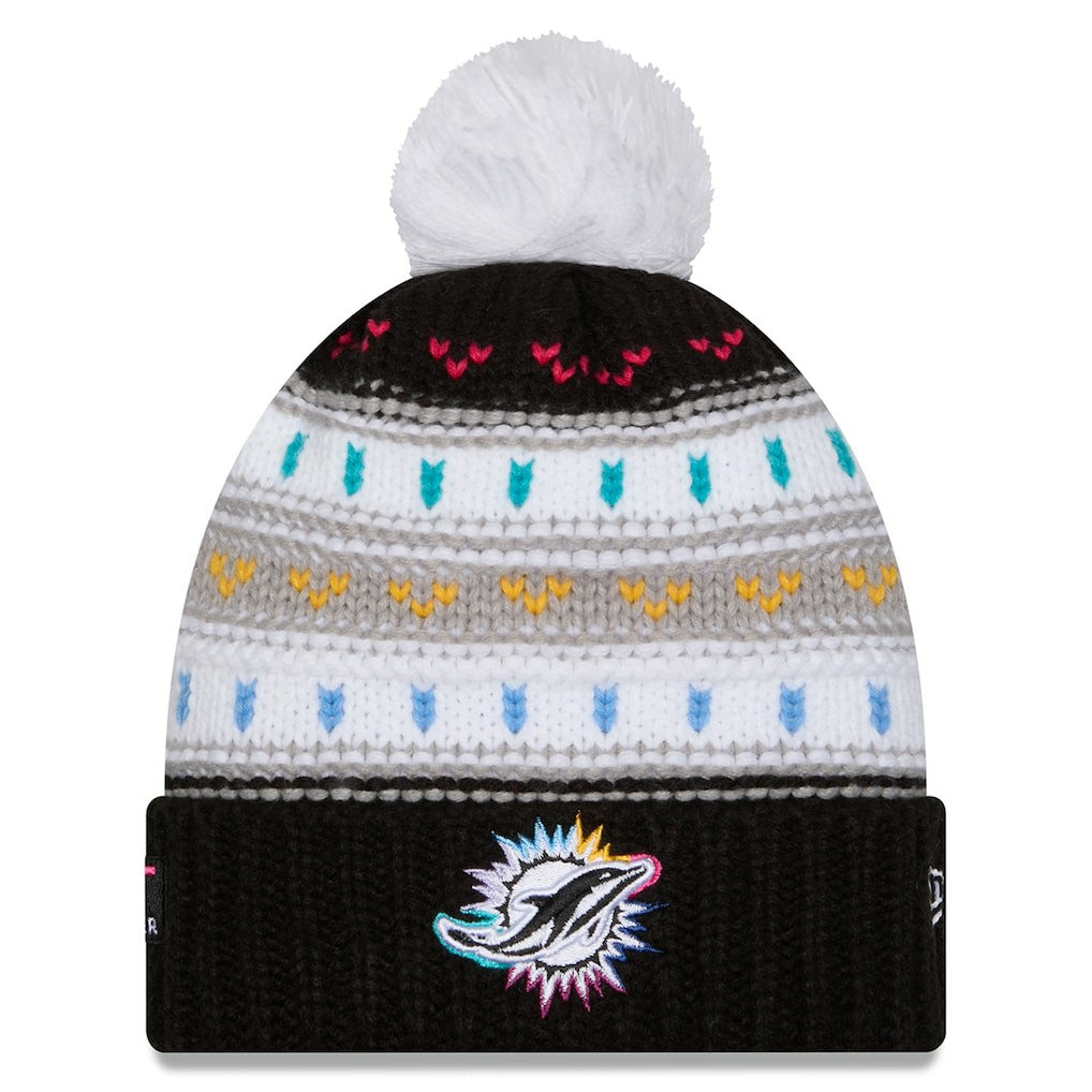 Miami Dolphins New Era Women's 2025 NFL Crucial Catch Cuffed Knit Hat with Pom - Black cheap