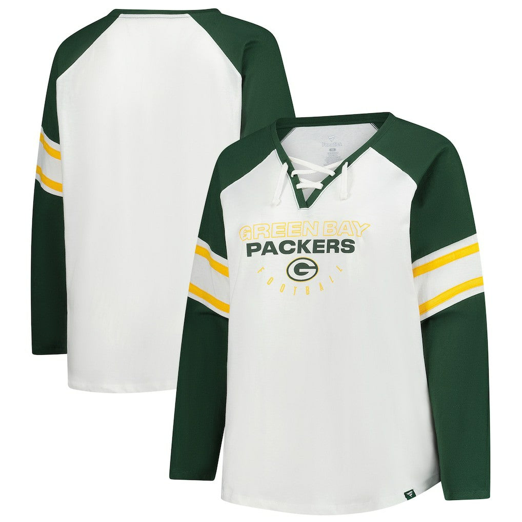 Green Bay Packers Women's Plus Size Redzone Lace Up Long Sleeve T-Shirt - White on sale