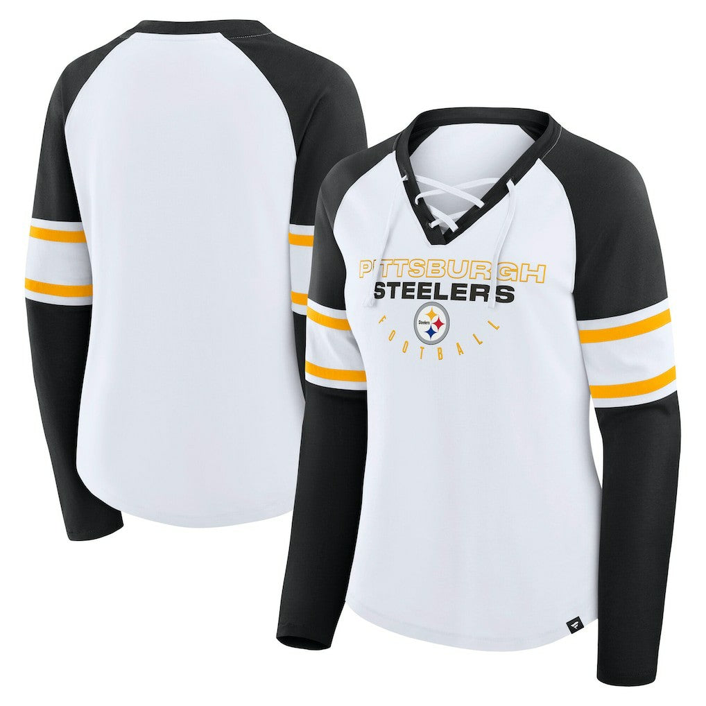 Pittsburgh Steelers Women's Plus Size Redzone Lace Up Long Sleeve T-Shirt - White sale