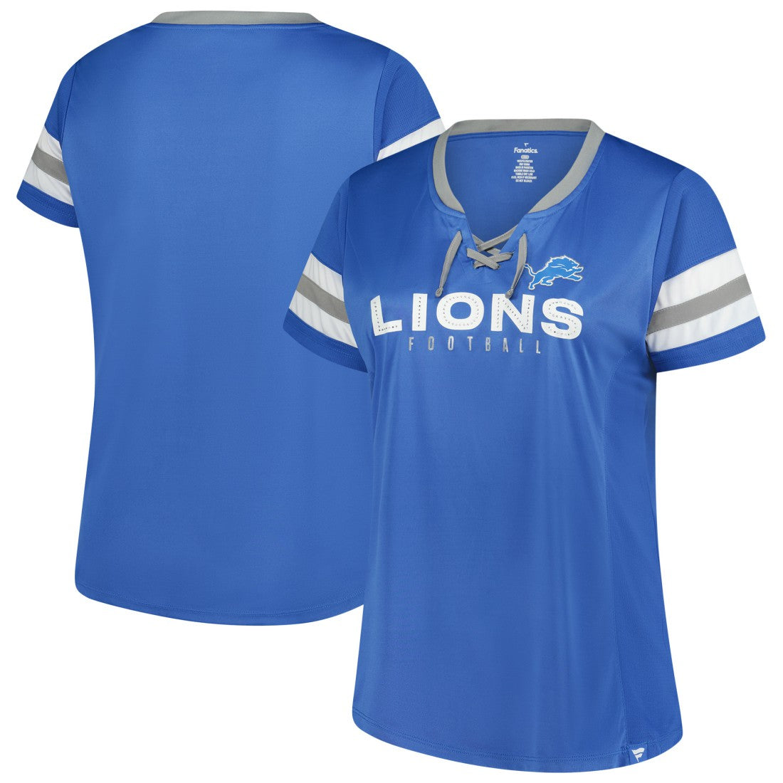 Detroit Lions Women's Plus Size Rhinestone Redzone Athena Lace-Up Notch Neck T-Shirt - Blue for sale