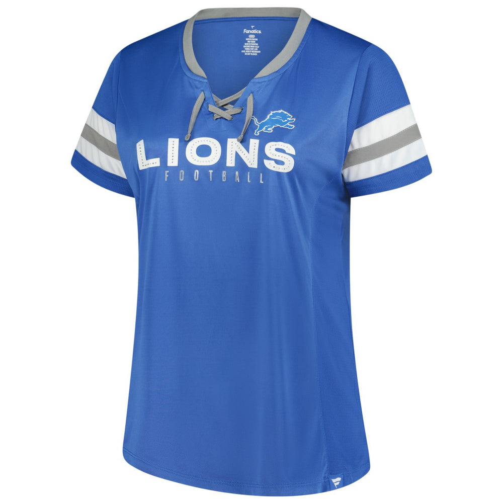 Detroit Lions Women's Plus Size Rhinestone Redzone Athena Lace-Up Notch Neck T-Shirt - Blue for sale