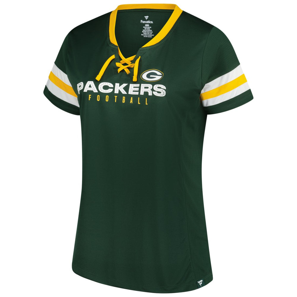 Green Bay Packers Women's Plus Size Rhinestone Redzone Athena Lace-Up Notch Neck T-Shirt - Green cheap