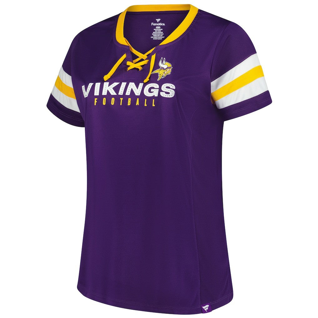Minnesota Vikings Women's Plus Size Rhinestone Redzone Athena Lace-Up Notch Neck T-Shirt - Purple online