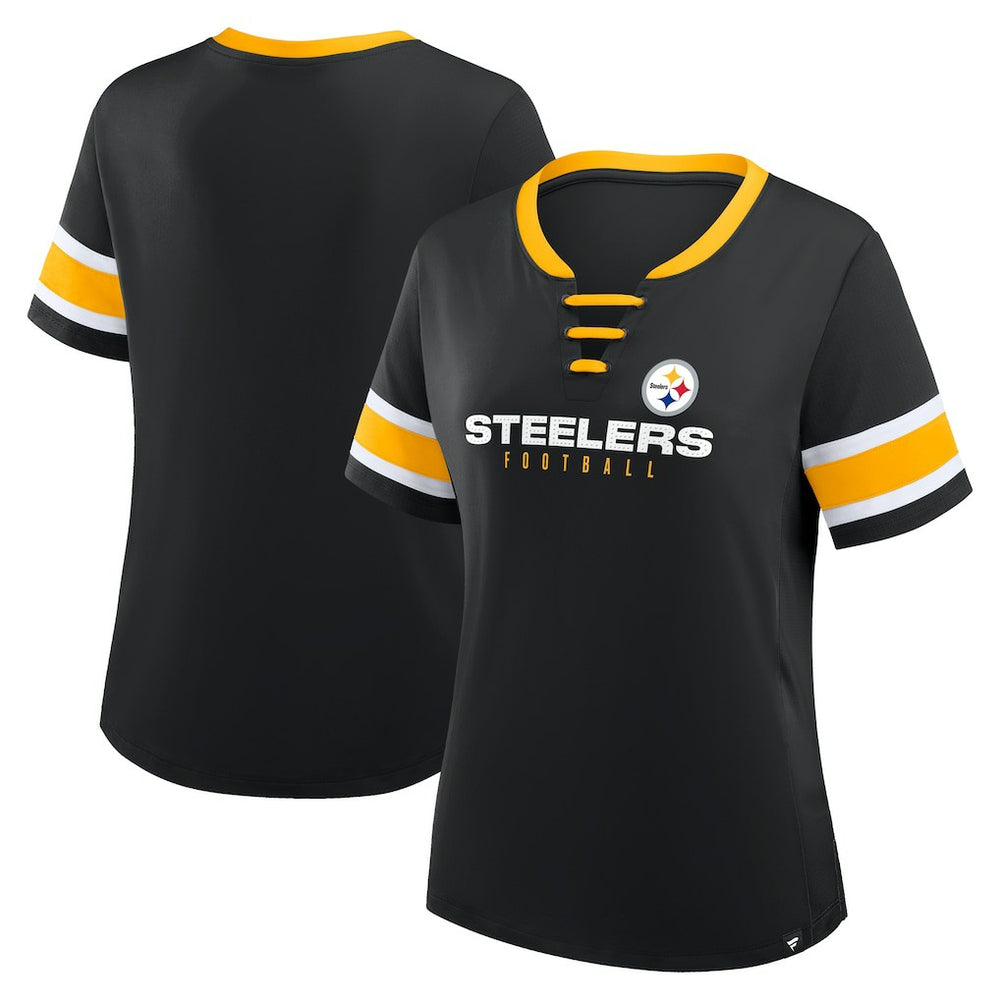 Pittsburgh Steelers Women's Plus Size Red Zone Athena Lace-Up V-Notch Neck T-Shirt - Black sale