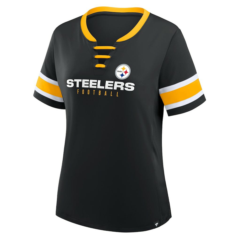Pittsburgh Steelers Women's Plus Size Red Zone Athena Lace-Up V-Notch Neck T-Shirt - Black sale