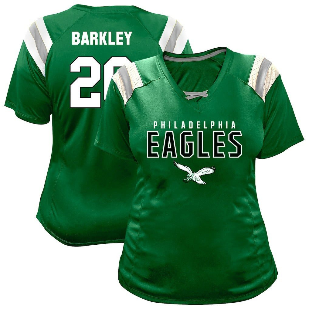 Saquon Barkley Philadelphia Eagles Women's Plus Size Name & Number Raglan Lace V-Neck T-Shirt - Kelly Green outlet