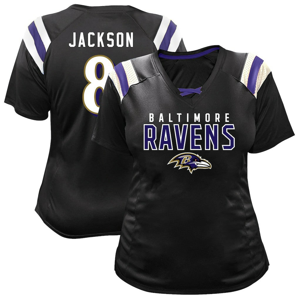 Lamar Jackson Baltimore Ravens Women's Plus Size Name & Number Raglan Lace V-Neck T-Shirt - Black outlet