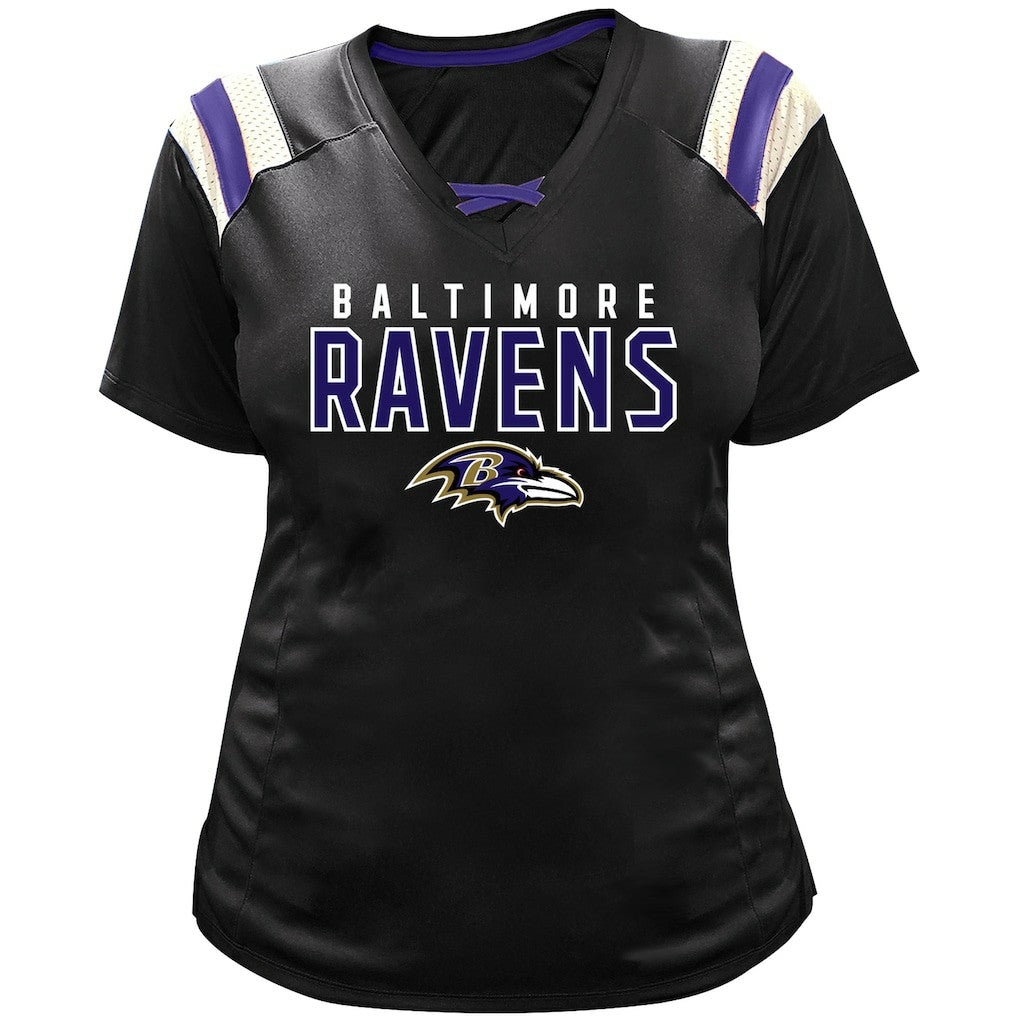Lamar Jackson Baltimore Ravens Women's Plus Size Name & Number Raglan Lace V-Neck T-Shirt - Black outlet