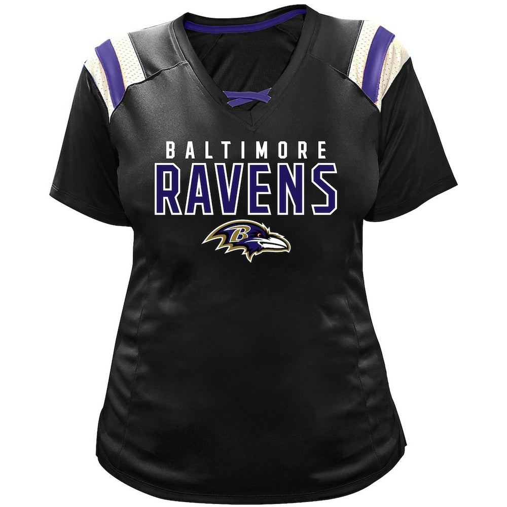 Lamar Jackson Baltimore Ravens Women's Plus Size Name & Number Raglan Lace V-Neck T-Shirt - Black outlet