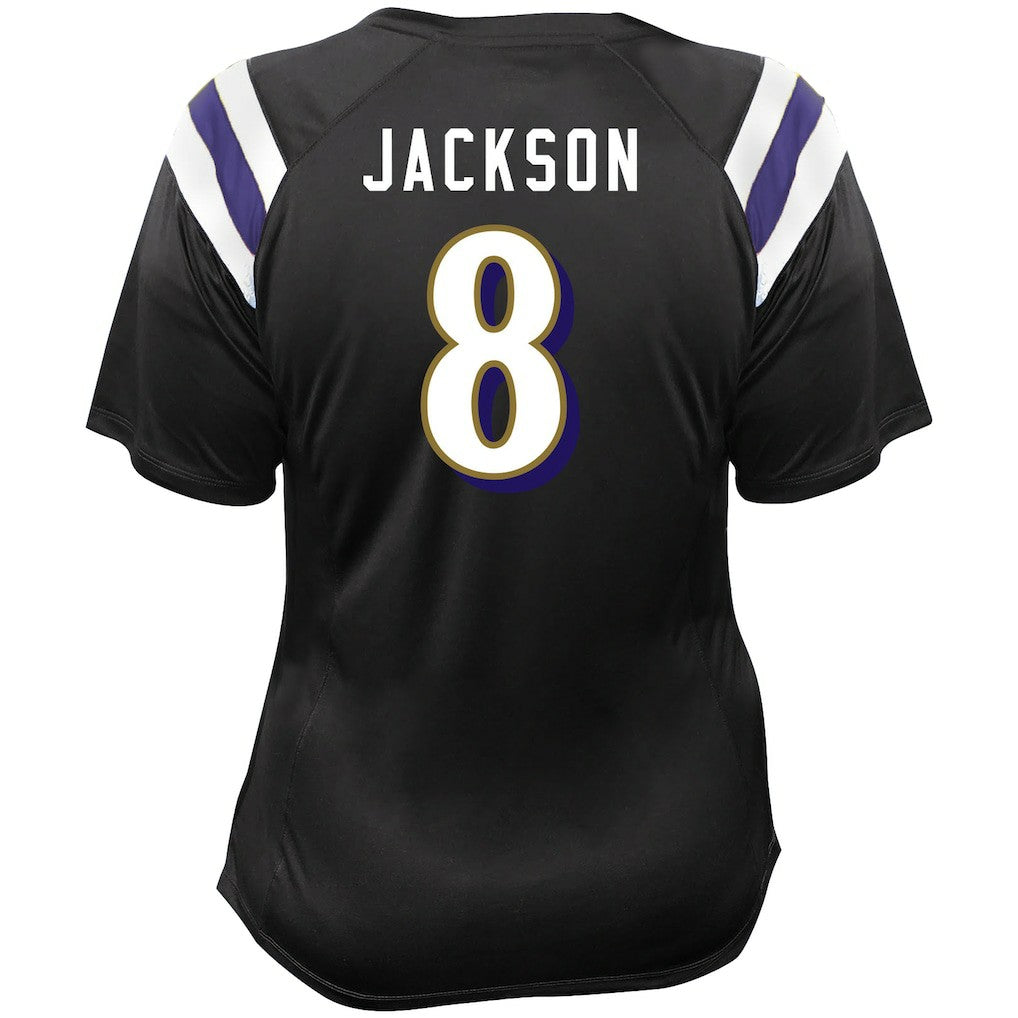 Lamar Jackson Baltimore Ravens Women's Plus Size Name & Number Raglan Lace V-Neck T-Shirt - Black outlet