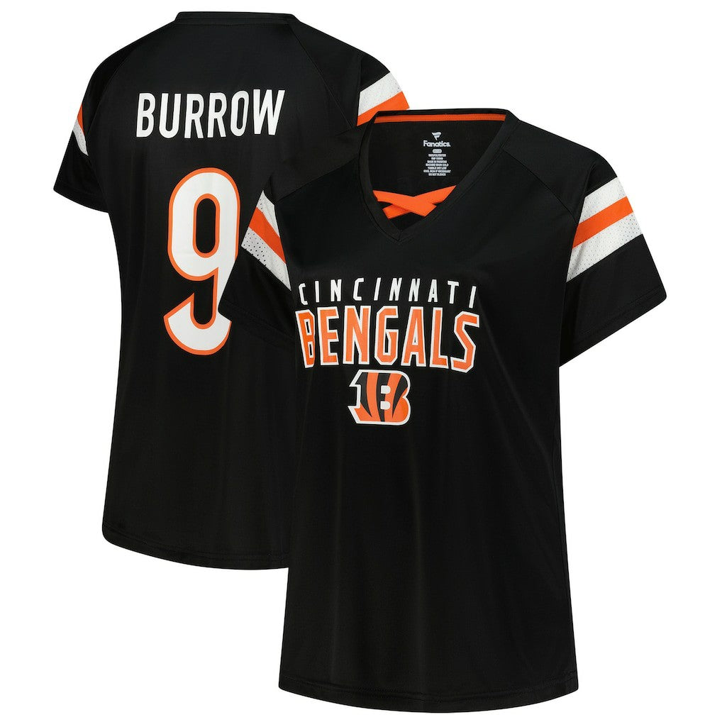 Joe Burrow Cincinnati Bengals Women's Plus Size Name & Number Raglan Lace V-Neck T-Shirt - Black sale