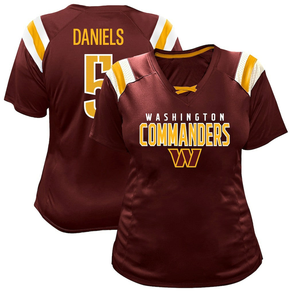 Jayden Daniels Washington Commanders Women's Plus Size Name & Number Raglan Lace V-Neck T-Shirt - Burgundy outlet