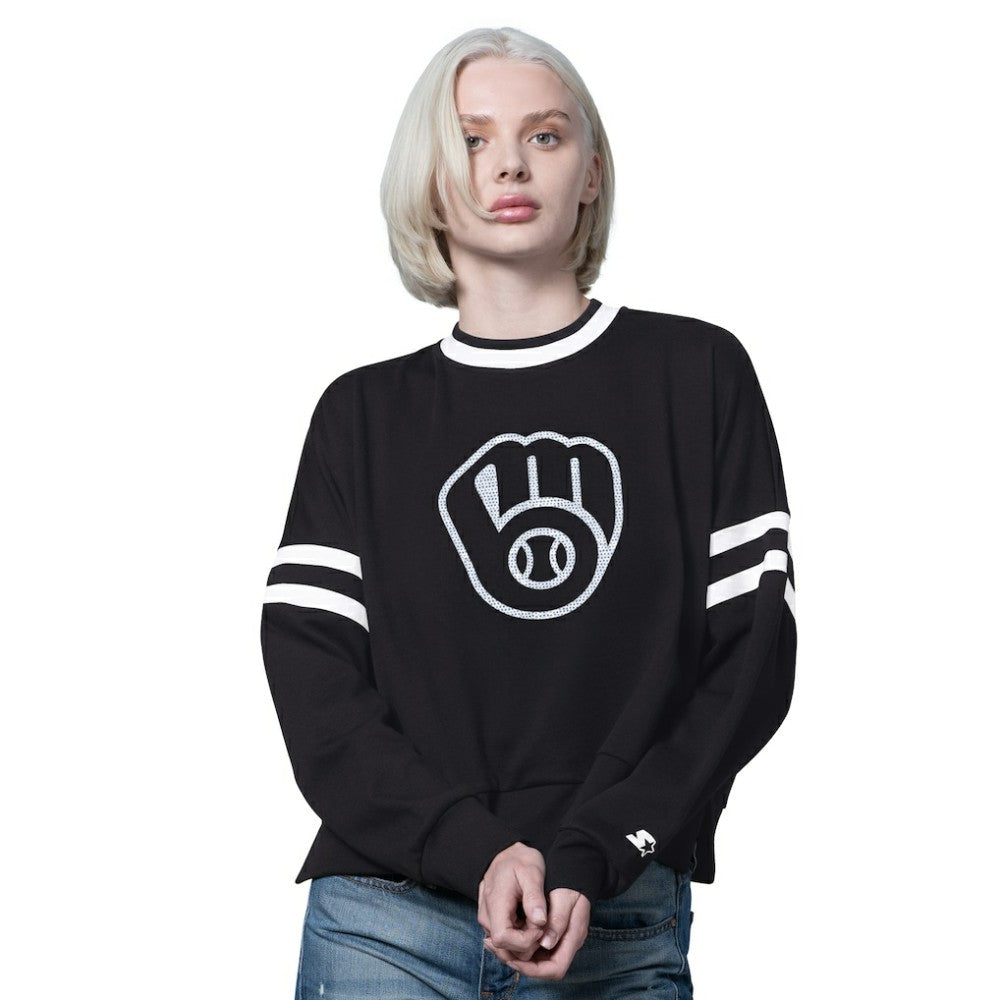 Milwaukee Brewers Starter Women's Rally Cropped Drop Shoulder Crewneck Sweatshirt Black