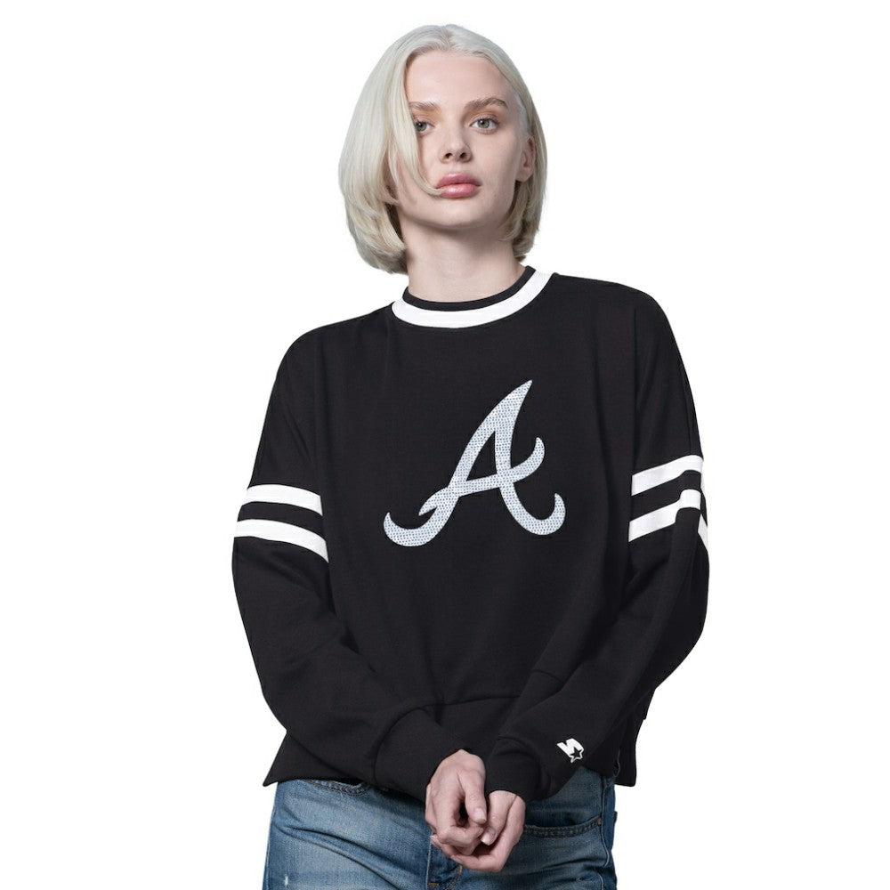 Atlanta Braves Starter Women's Rally Cropped Drop Shoulder Crewneck Sweatshirt Black