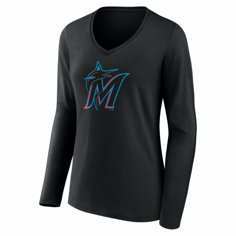 Miami Marlins Women's Logo Long Sleeve V-Neck T-Shirt Black
