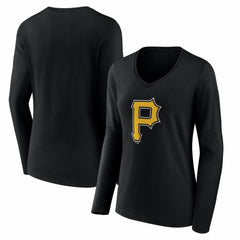 Pittsburgh Pirates Women's Logo Long Sleeve V-Neck T-Shirt Black
