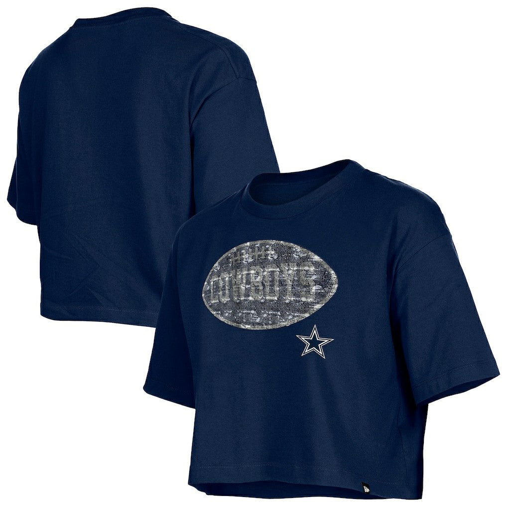Dallas Cowboys New Era Girl's Flip Sequin Boxy T-Shirt - Navy discount
