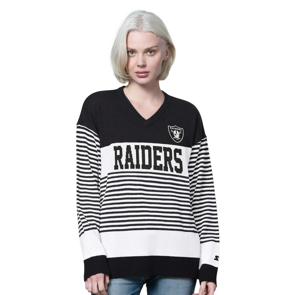 Las Vegas Raiders Starter Women's No Huddle Striped V-Neck Sweater - Black on sale