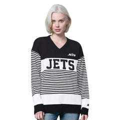 New York Jets Starter Women's No Huddle Striped V-Neck Sweater - Black discount