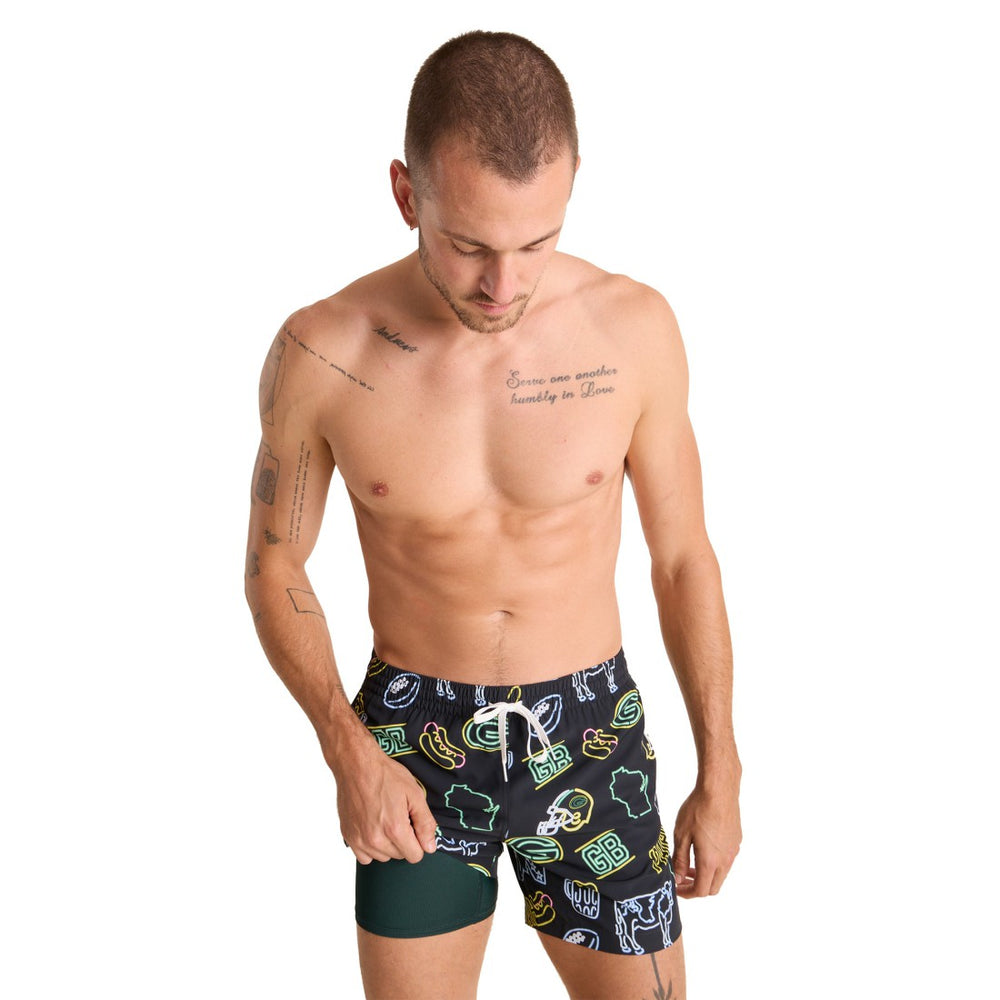 Green Bay Packers Chubbies The Neon 5.5" Classic Lined Swim Trunks - Black discount